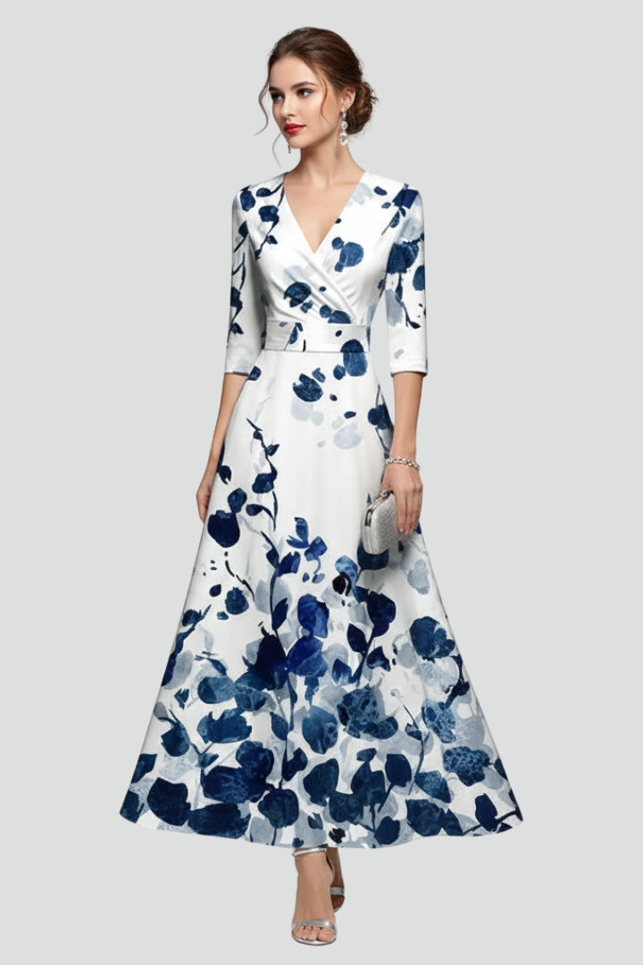 Women’s Maxi Dress with V-Neck and Printed Surface