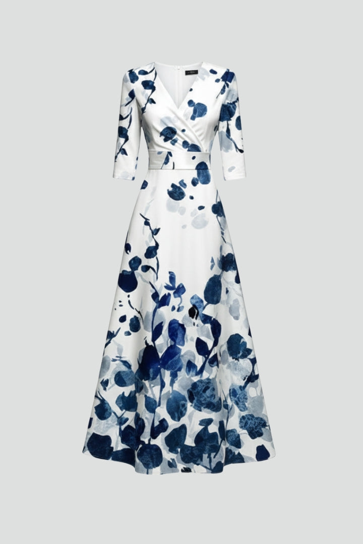 Women’s Maxi Dress with V-Neck and Printed Surface