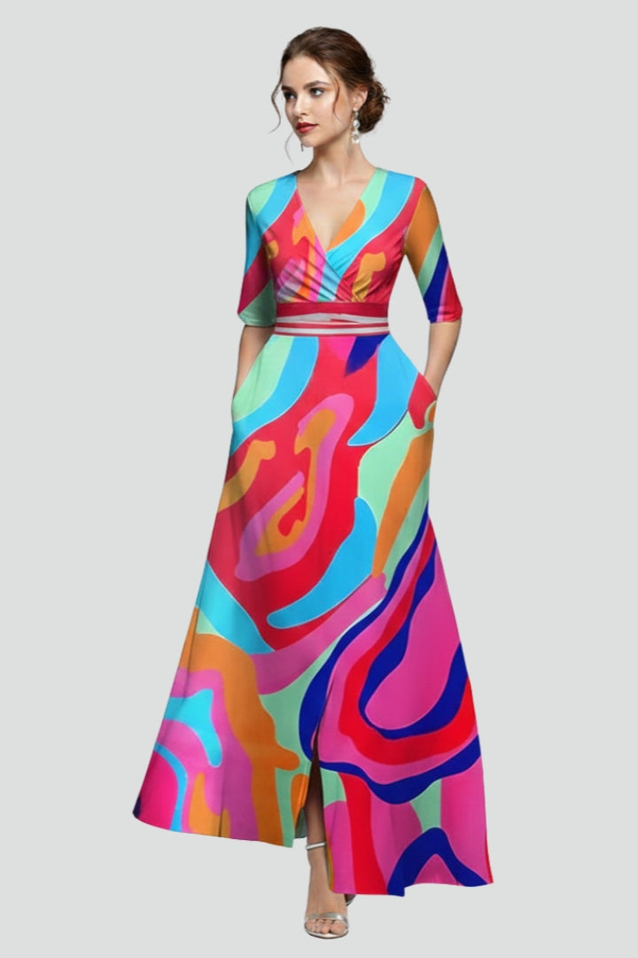 Women’s Maxi Dress with V-Neck and Printed Surface