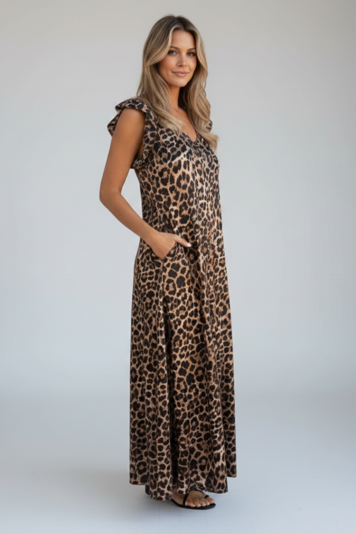 Women’s Maxi Dress with V Neckline and Patterned Surface