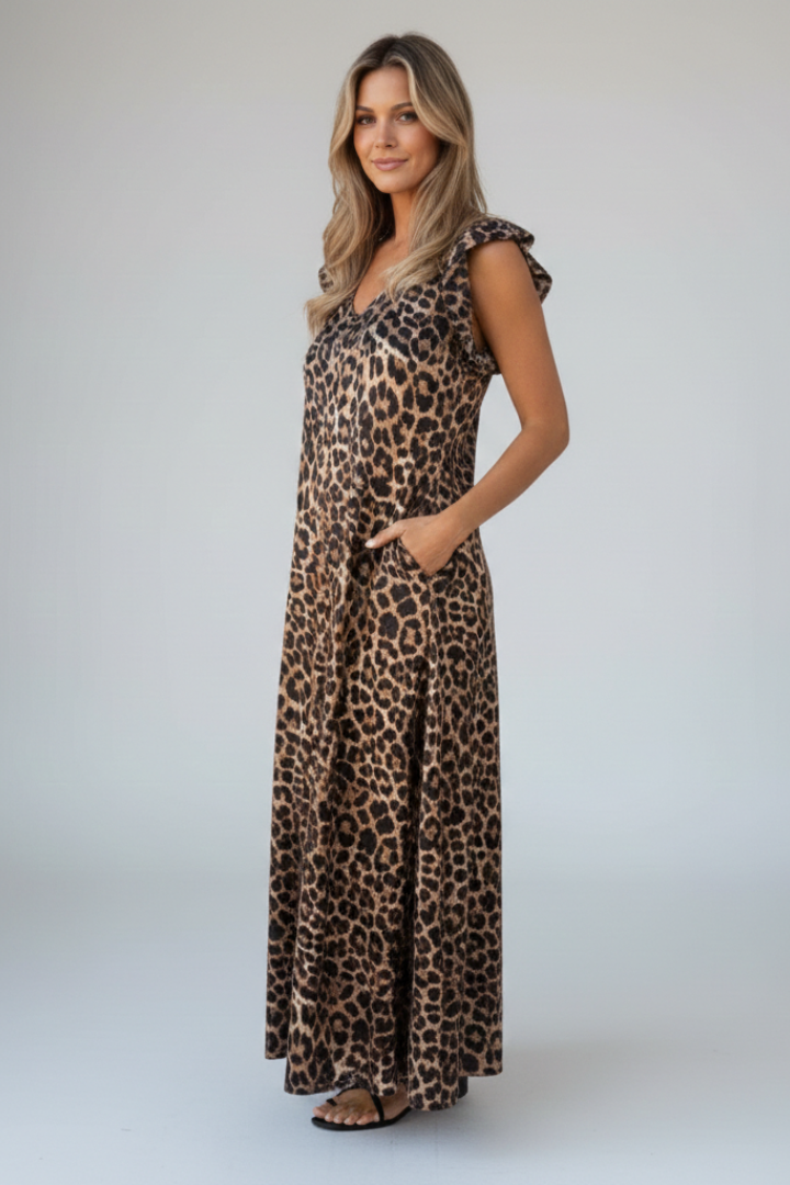 Women’s Maxi Dress with V Neckline and Patterned Surface