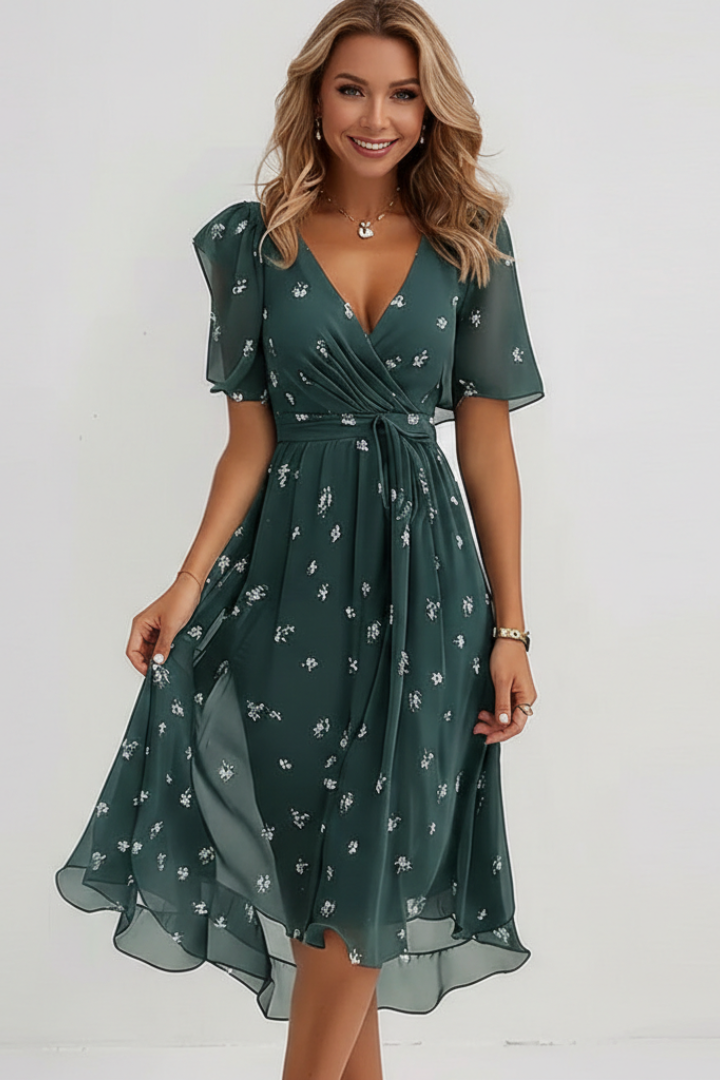 Women’s Midi Dress with Floral Pattern and V Neckline