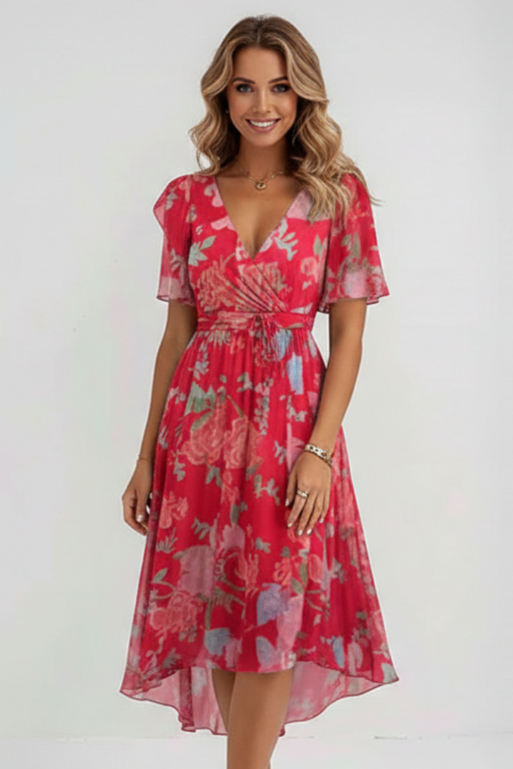 Women’s Midi Dress with Floral Pattern and V Neckline