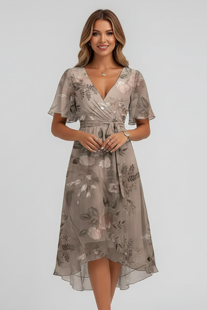 Women’s Midi Dress with Floral Pattern and V Neckline