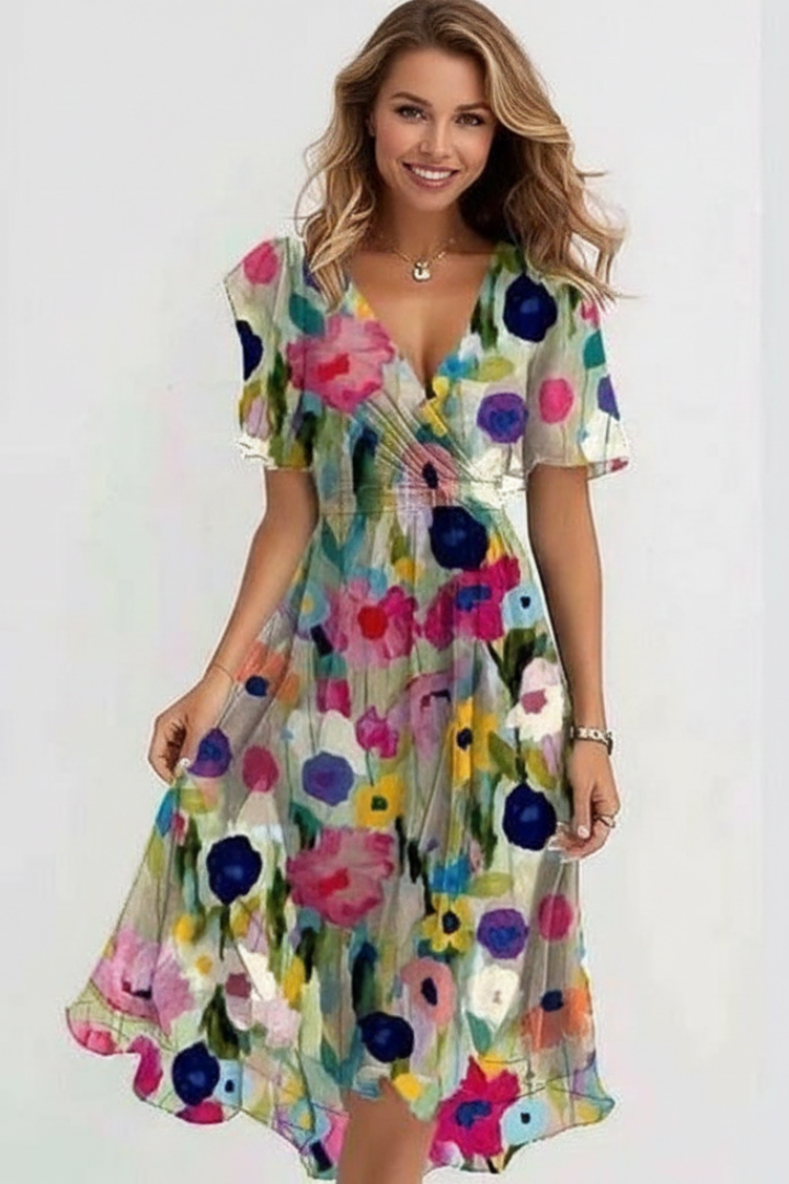 Women’s Midi Dress with Floral Pattern and V Neckline