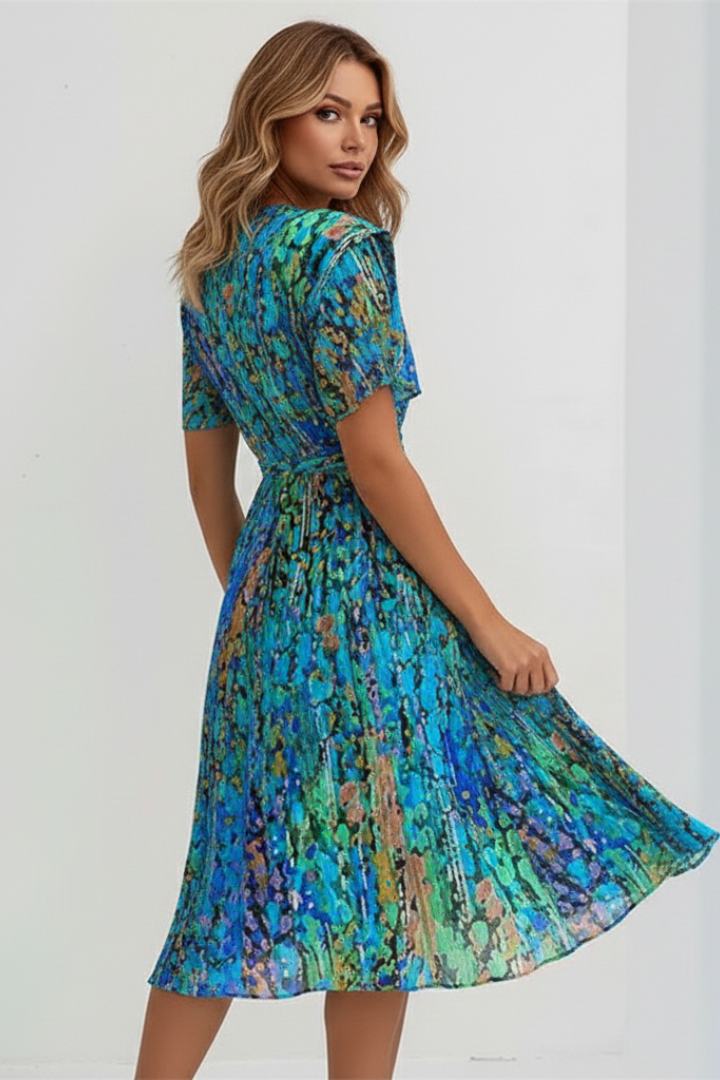 Women’s Midi Dress with Floral Pattern and V Neckline