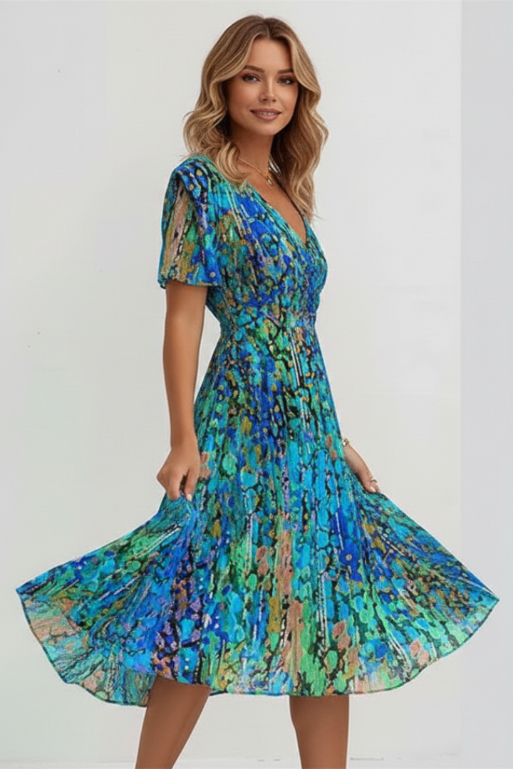 Women’s Midi Dress with Floral Pattern and V Neckline