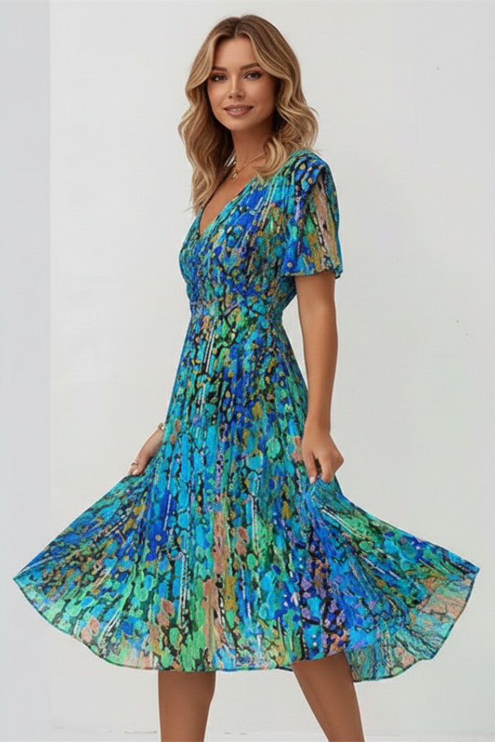 Women’s Midi Dress with Floral Pattern and V Neckline