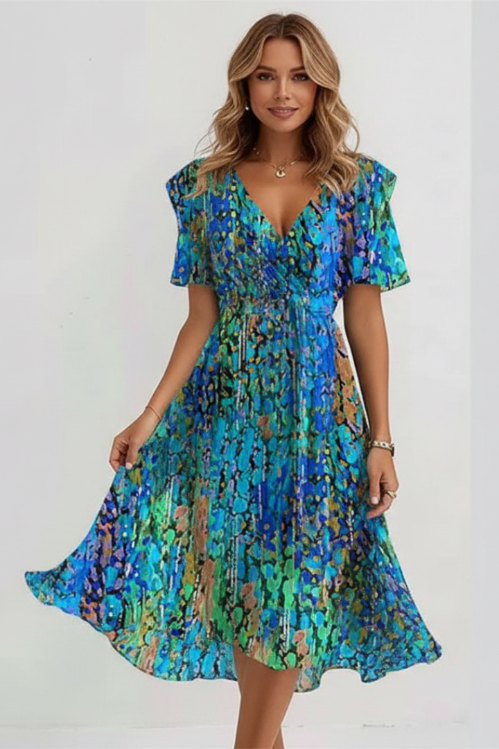 Women’s Midi Dress with Floral Pattern and V Neckline