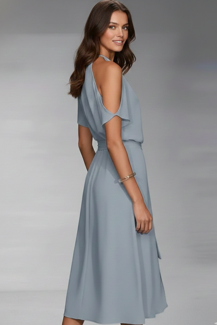 Women’s Midi Dress with Halter Neckline and Asymmetric Hem