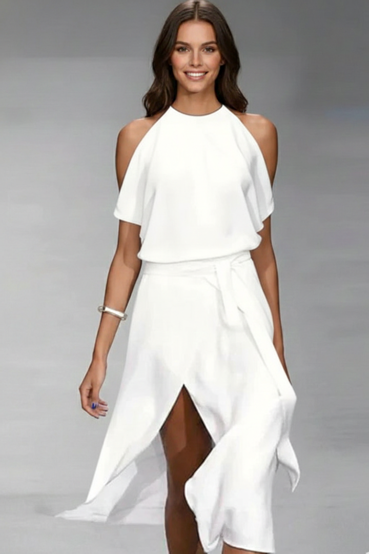 Women’s Midi Dress with Halter Neckline and Asymmetric Hem