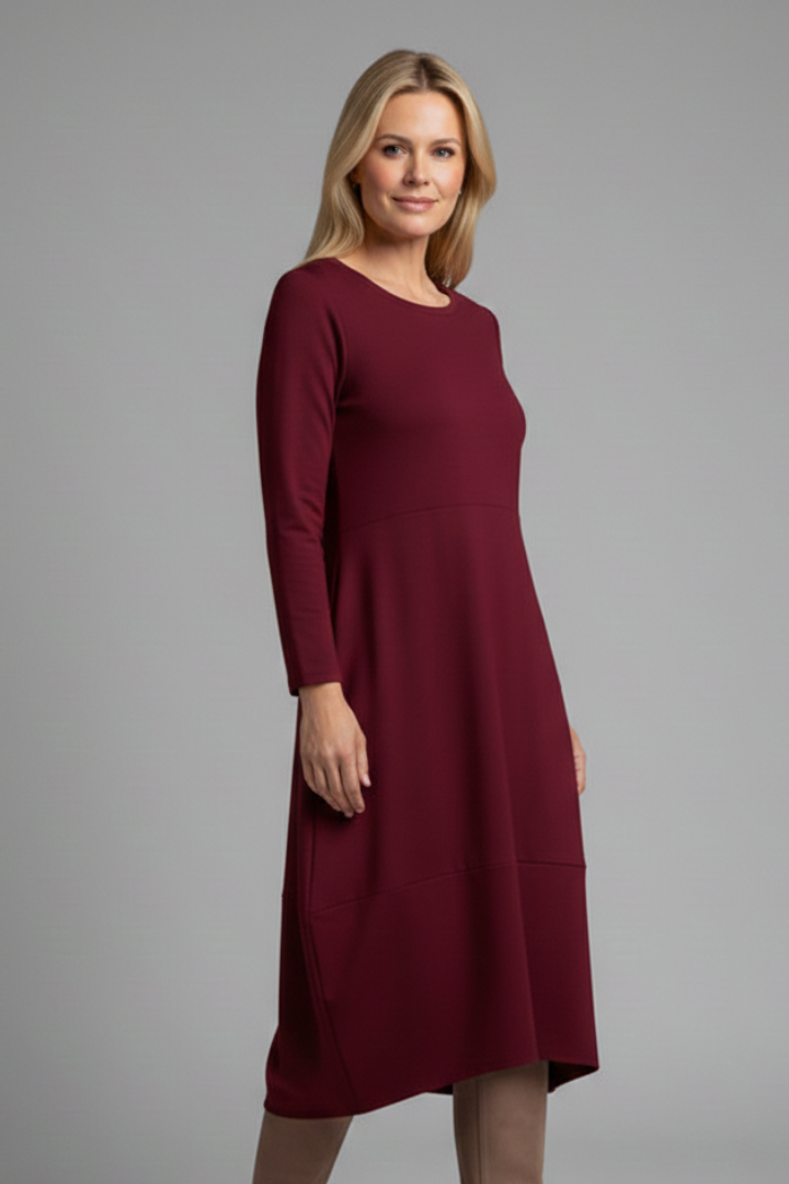 Women’s Midi Dress with Round Neck and Long Sleeves