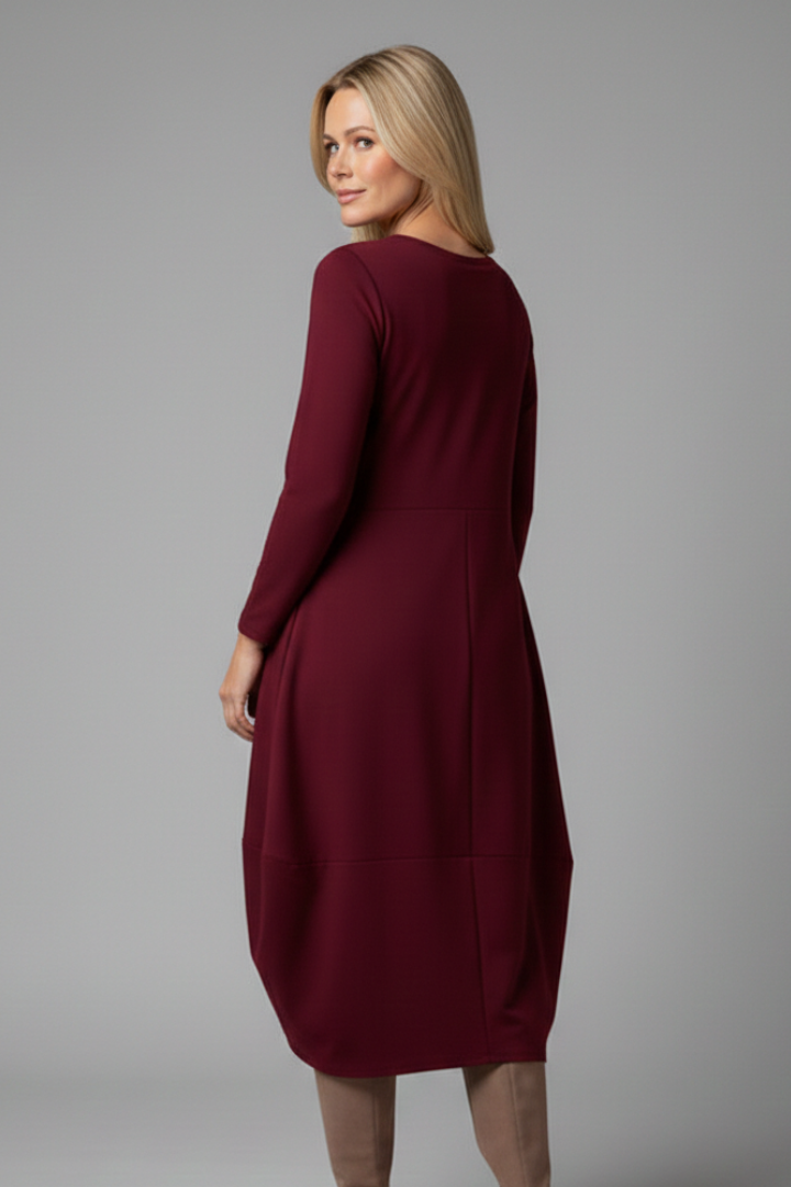 Women’s Midi Dress with Round Neck and Long Sleeves