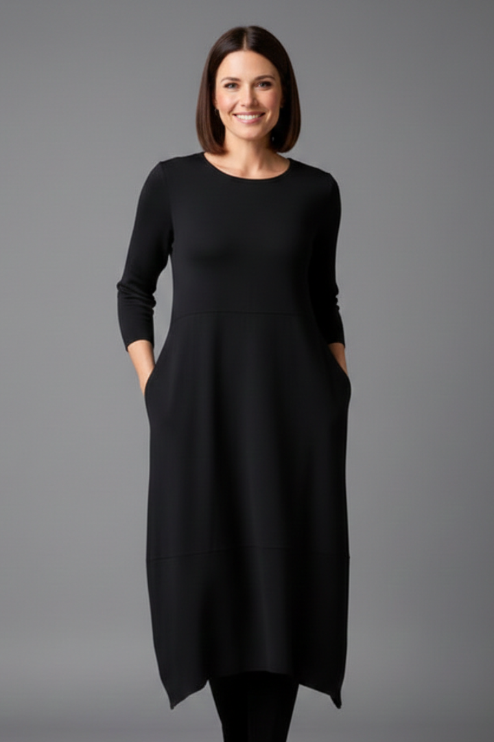 Women’s Midi Dress with Round Neck and Long Sleeves