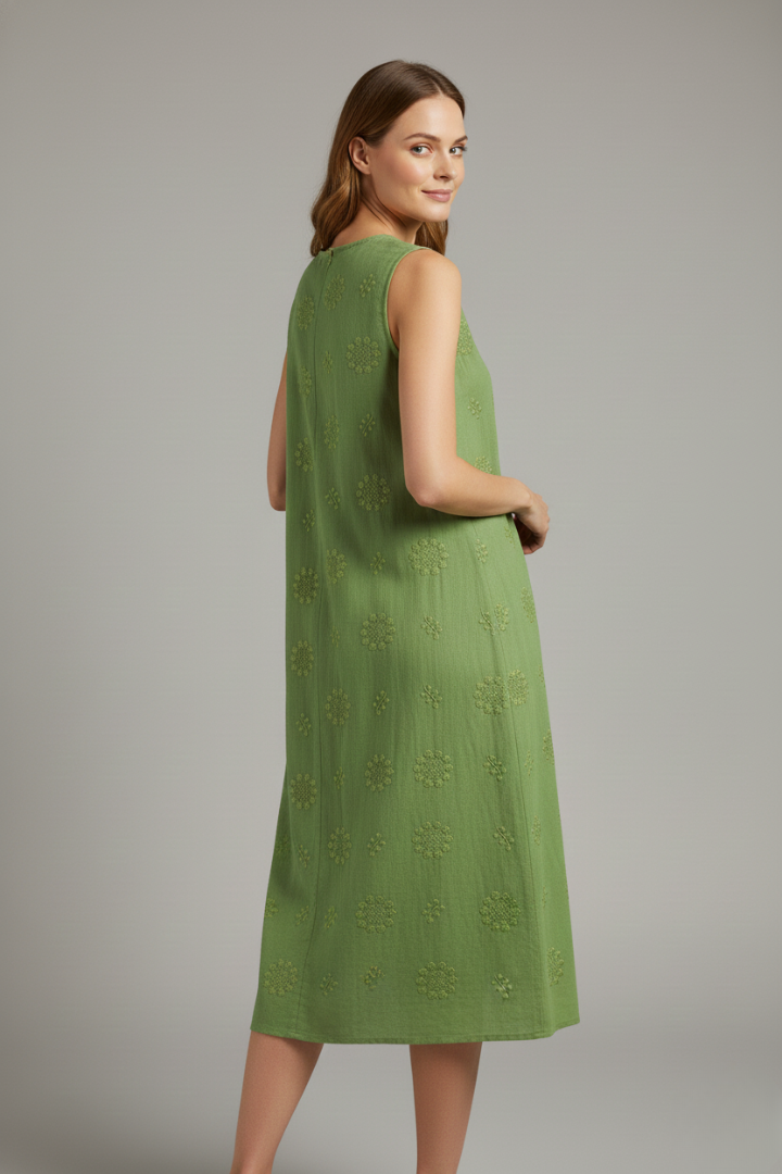 Women’s Midi Dress with Round Neck and Sleeveless Design