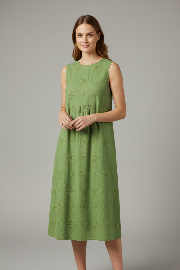 Women’s Midi Dress with Round Neck and Sleeveless Design