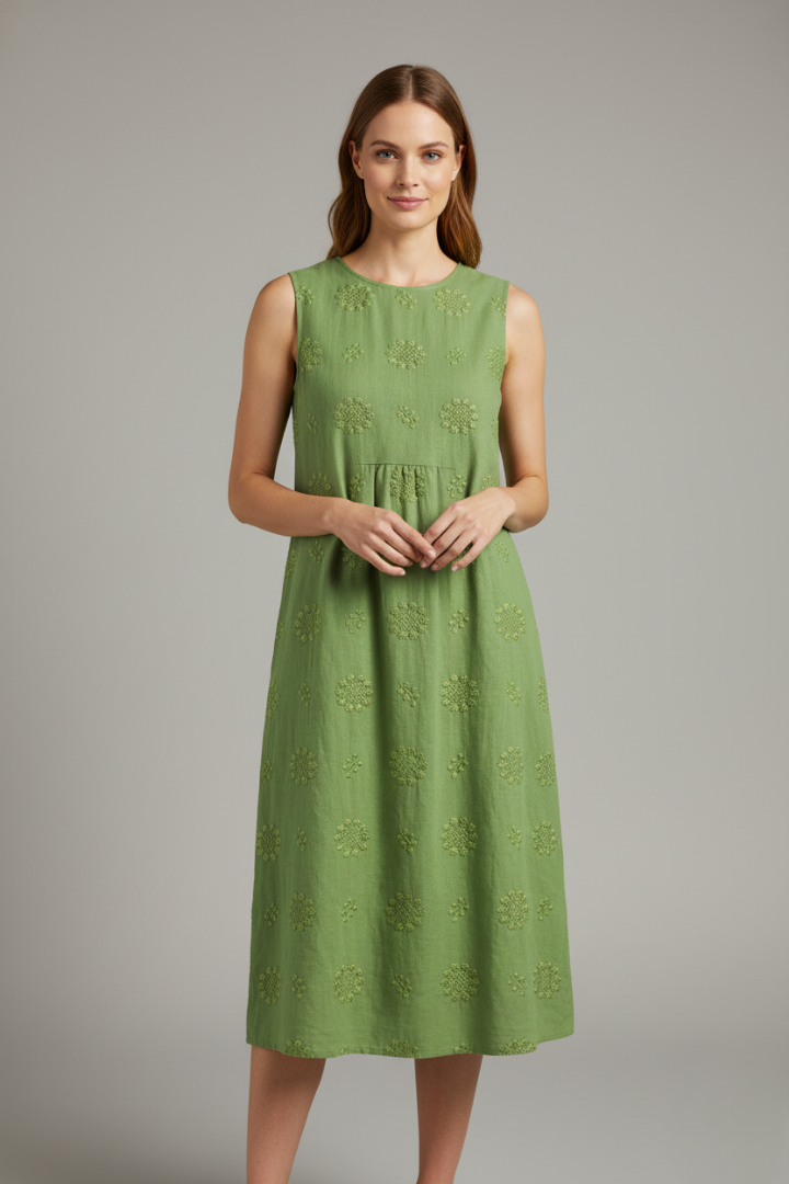 Women’s Midi Dress with Round Neck and Sleeveless Design