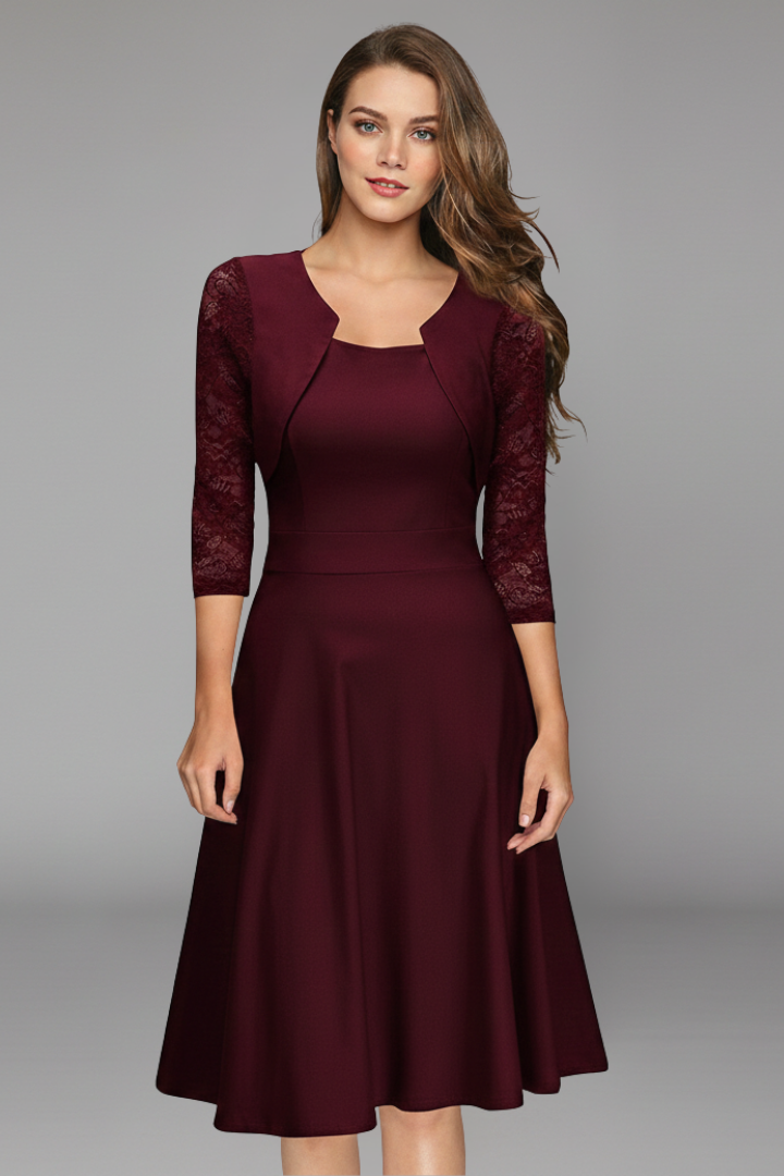 Women’s Midi Dress with Round Neckline and Lace Sleeves