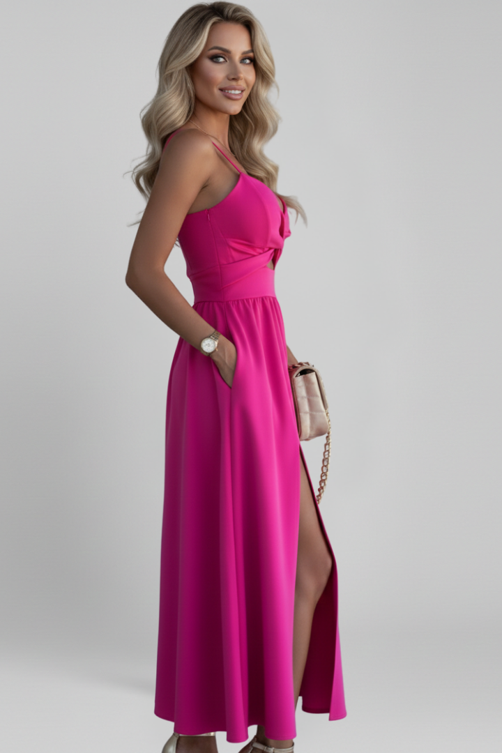 Women’s Midi Dress with Shoulder Straps and Front Slit