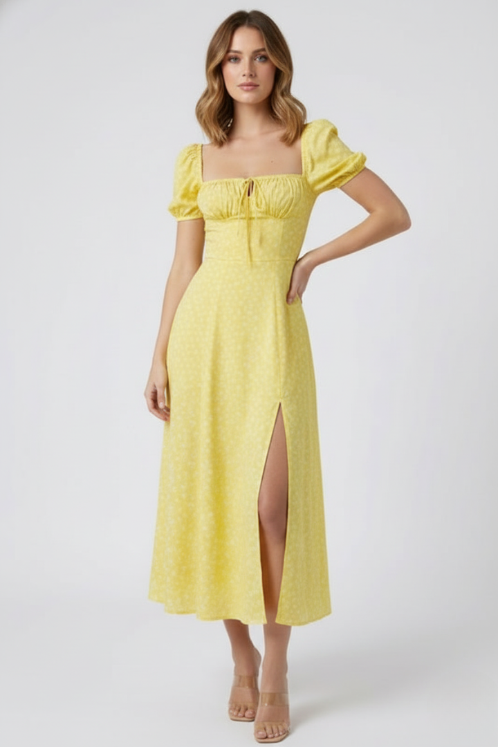 Women’s Midi Dress with Square Neckline and Puff Sleeves