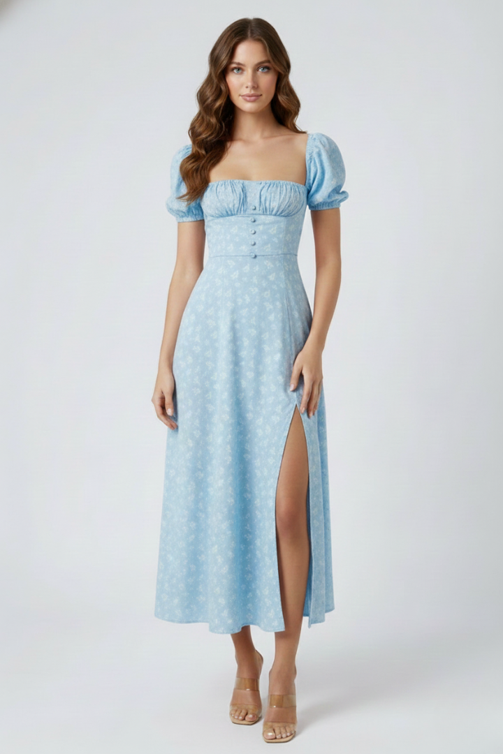 Women’s Midi Dress with Square Neckline and Puff Sleeves