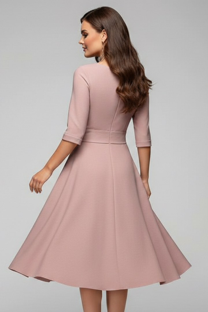 Women’s Midi Dress with Tie Waist and Three-Quarter Sleeves