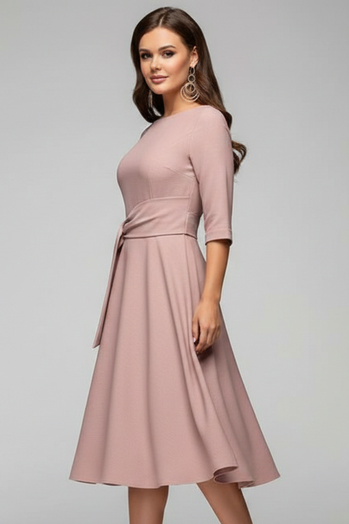 Women’s Midi Dress with Tie Waist and Three-Quarter Sleeves