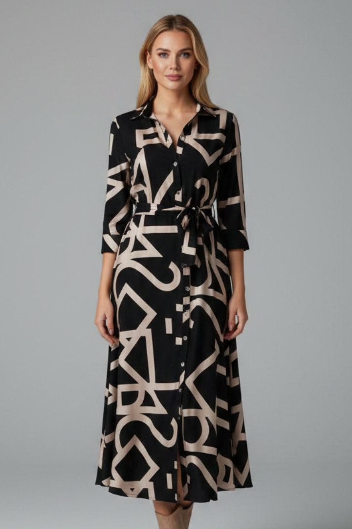 Women’s Midi Dress with Turned Collar and Waist Tie