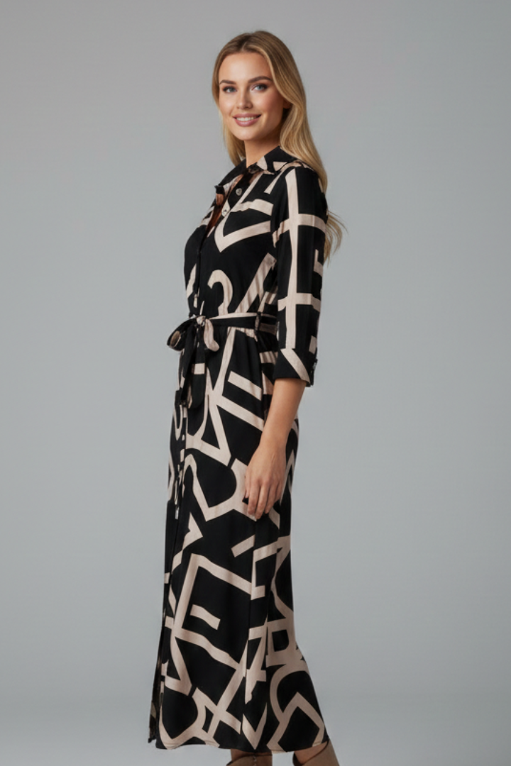 Women’s Midi Dress with Turned Collar and Waist Tie