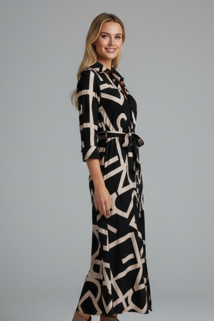 Women’s Midi Dress with Turned Collar and Waist Tie