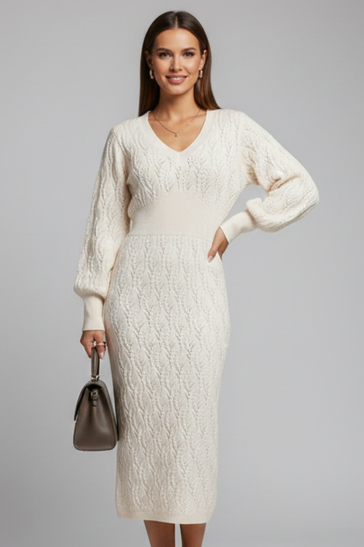 Women’s Midi Dress with V-Neck and Knit Pattern