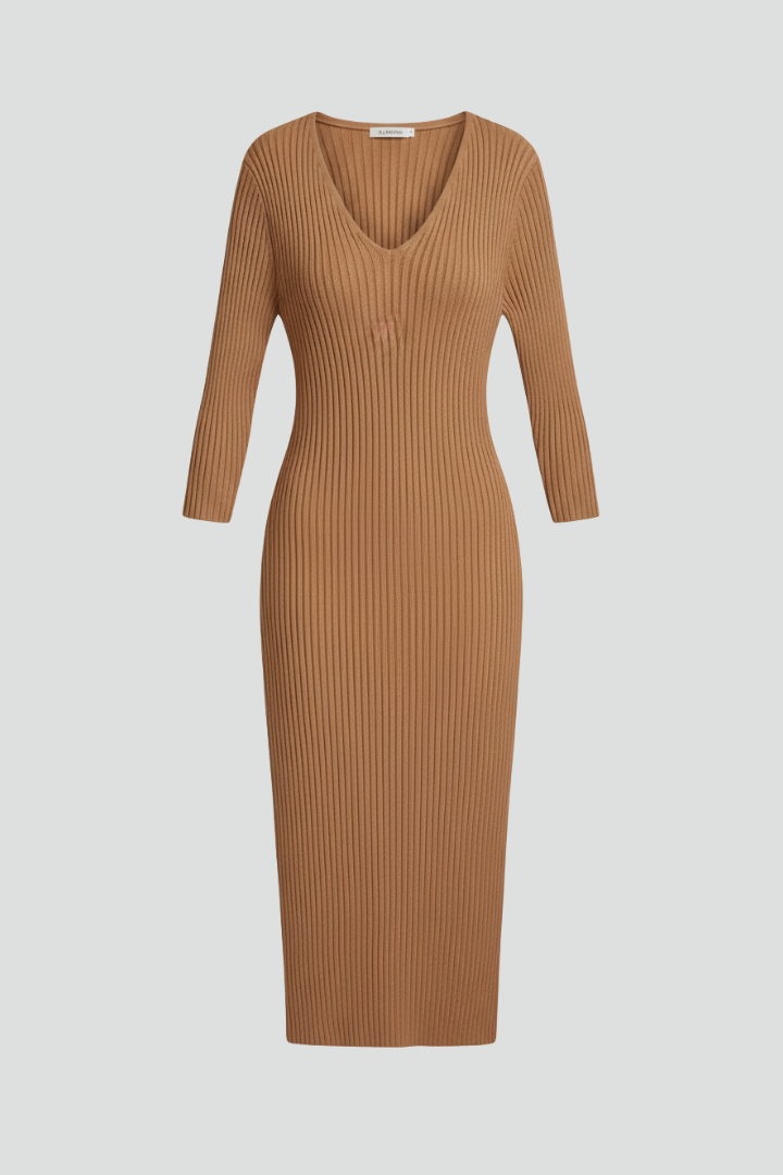 Women’s Midi Dress with V-Neck and Long Sleeves