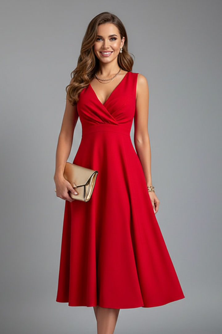 Women’s Midi Dress with V-Neck and Zip Closure