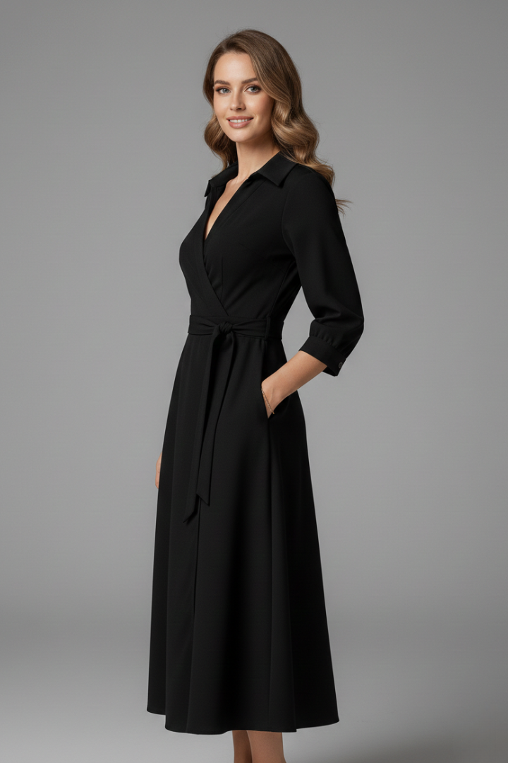 Women’s Midi Dress with V-Shaped Neckline and Long Sleeves