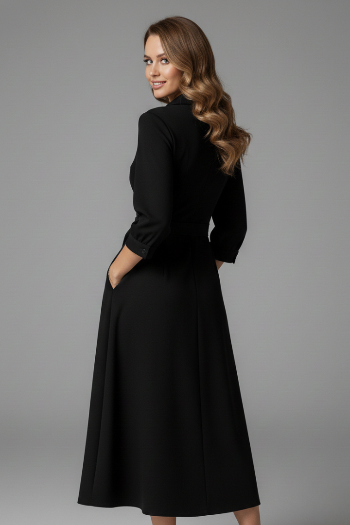 Women’s Midi Dress with V-Shaped Neckline and Long Sleeves