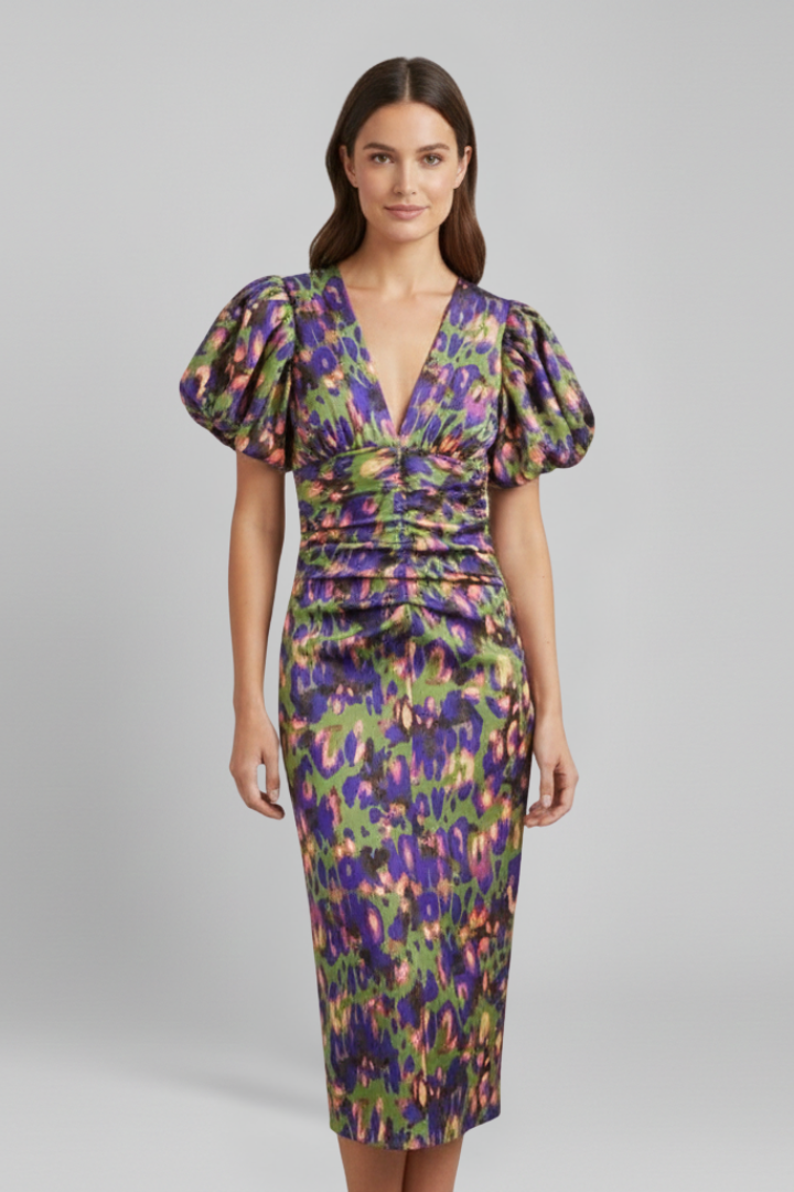 Women’s Midi Dress with V Neckline and Puff Sleeves