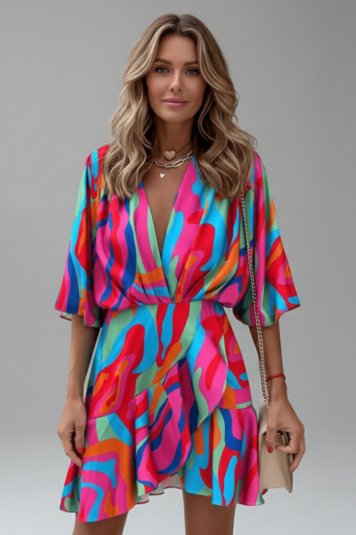 Women’s Mini Dress with Batwing Sleeves and Waist Tie