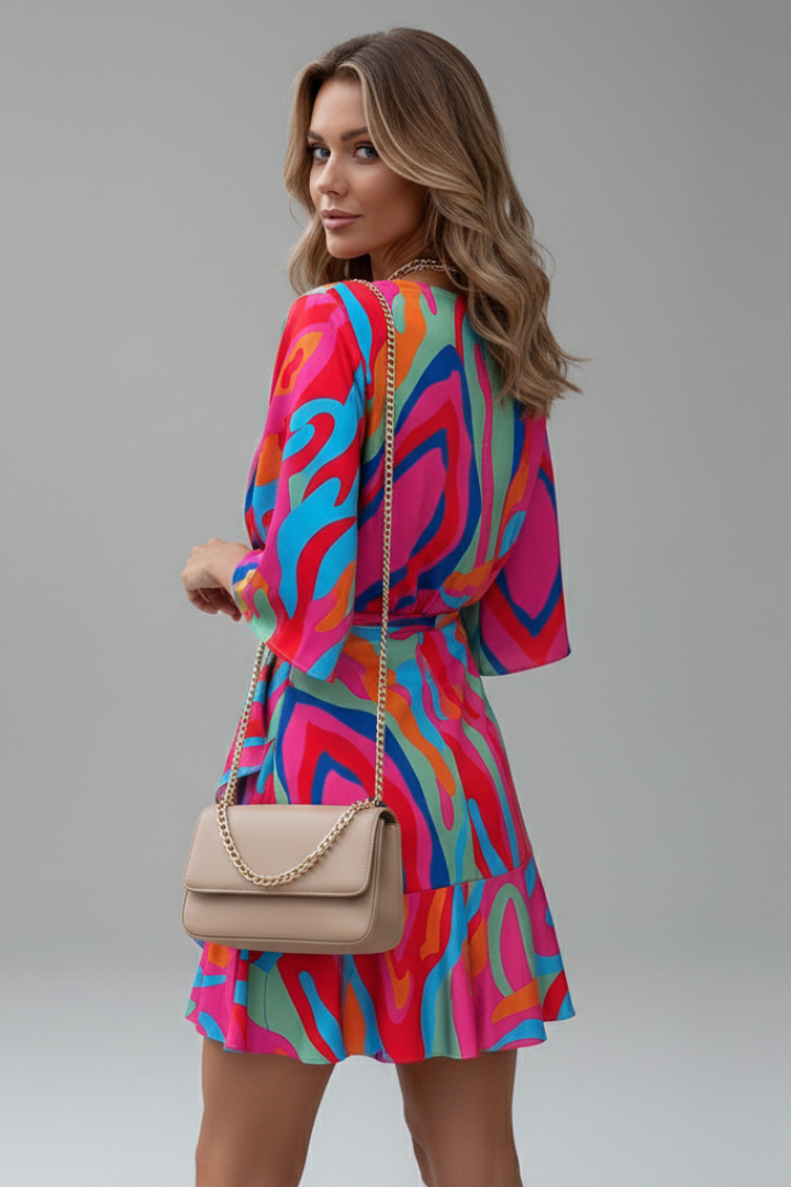 Women’s Mini Dress with Batwing Sleeves and Waist Tie