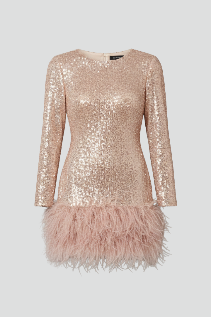 Women’s Mini Dress with Sequin Surface and Feather Hem
