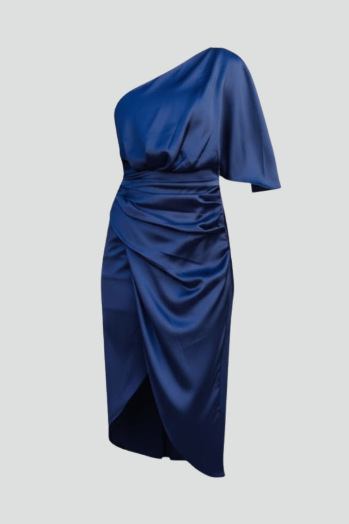 Women’s One Shoulder Midi Dress with Draped Waist