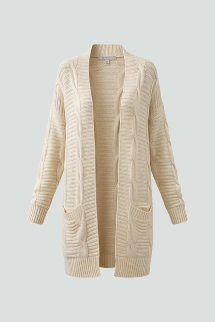 Women’s Open-Front Cardigan with Cable Knit and Patch Pockets