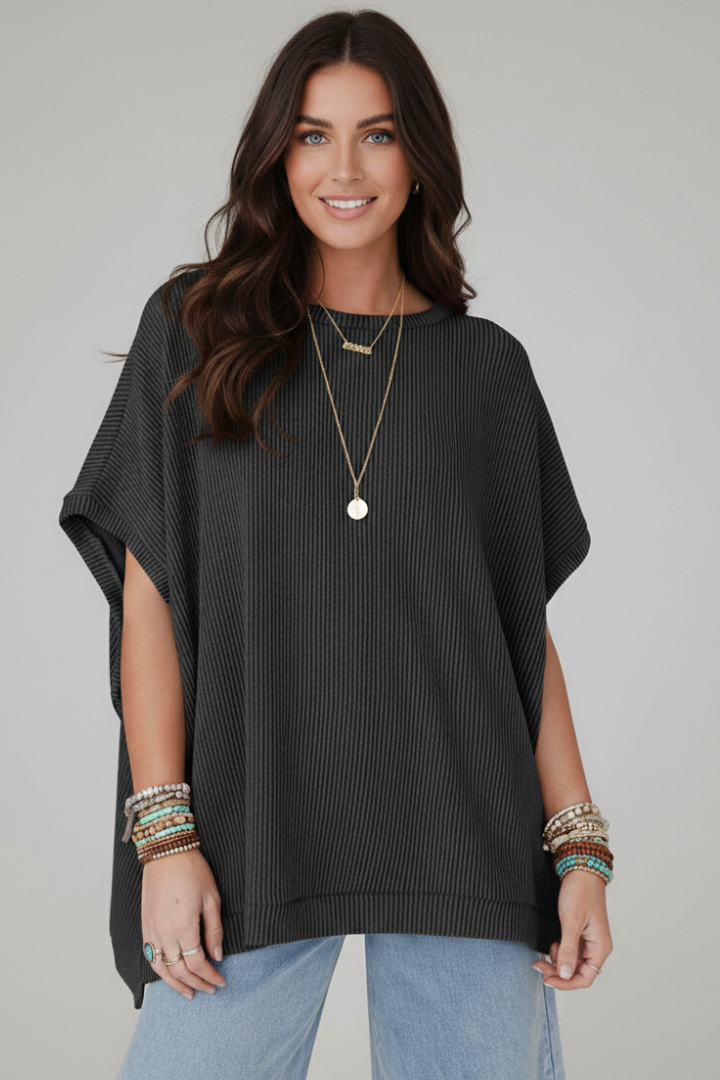 Women’s Oversized T-Shirt with Round Neckline and Ribbed Surface