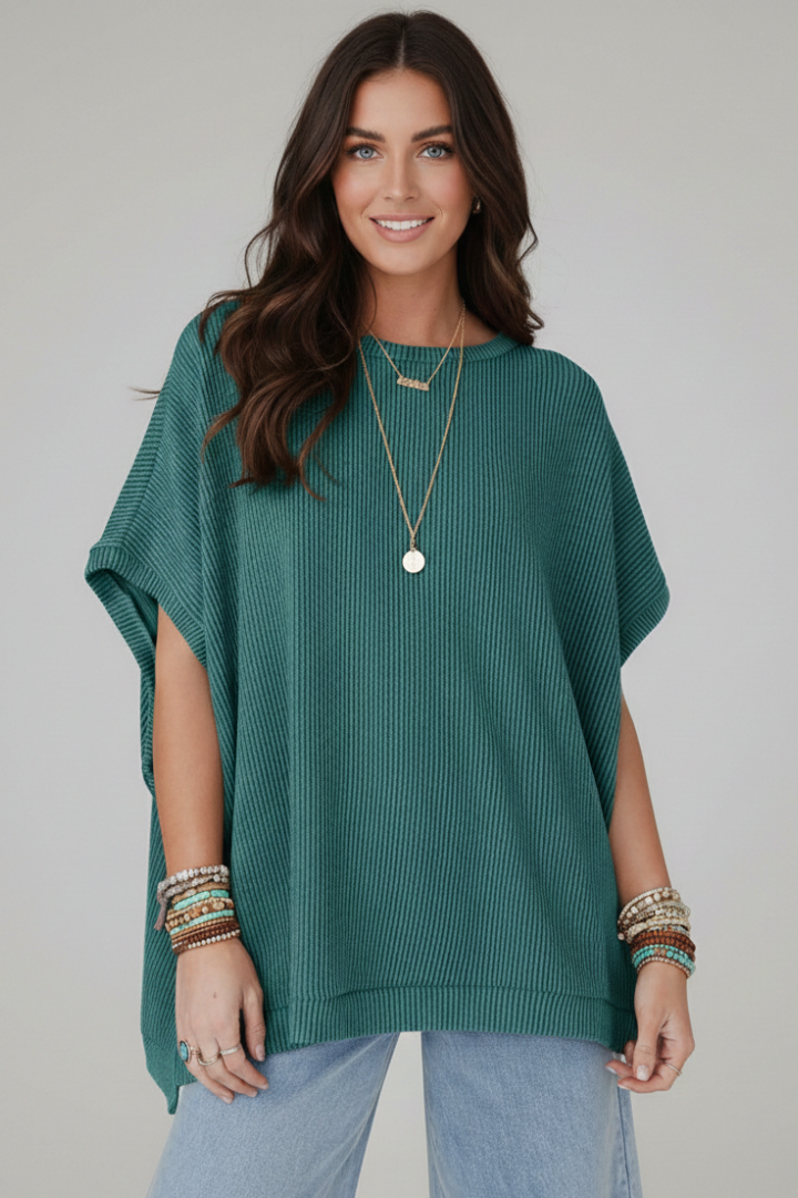 Women’s Oversized T-Shirt with Round Neckline and Ribbed Surface