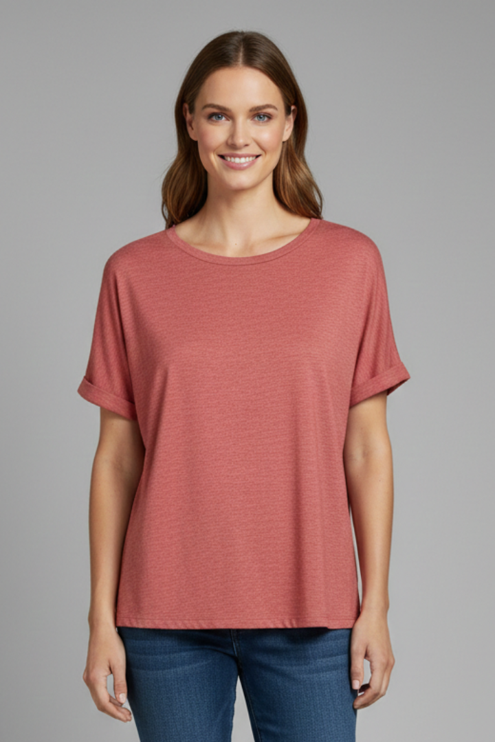 Women’s Oversized T-Shirt with Round Neckline and Rolled Sleeves