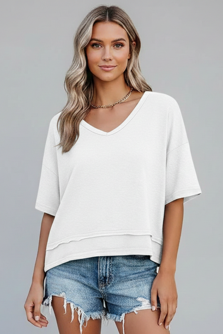 Women’s Oversized T-Shirt with V Neckline and Layered Hem
