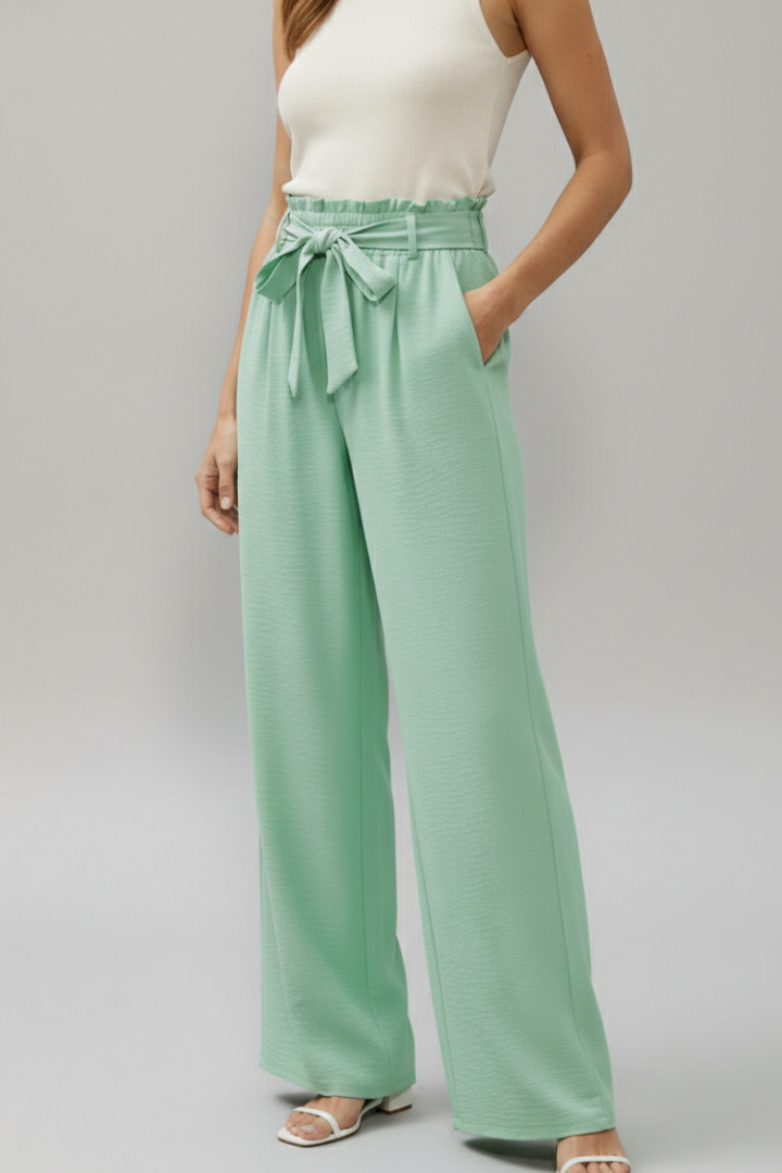 Women’s Palazzo Trousers with Elastic Waist and Tie Belt
