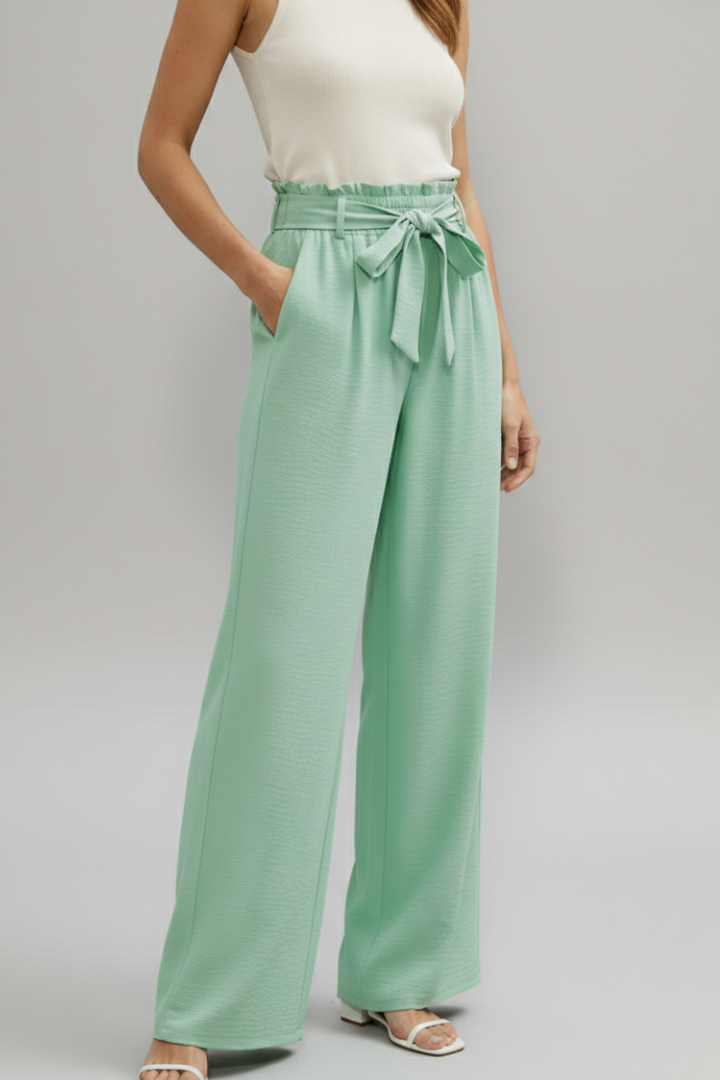 Women’s Palazzo Trousers with Elastic Waist and Tie Belt