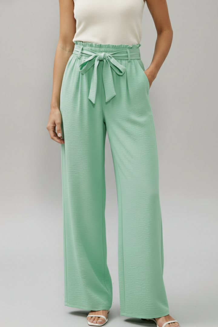 Women’s Palazzo Trousers with Elastic Waist and Tie Belt