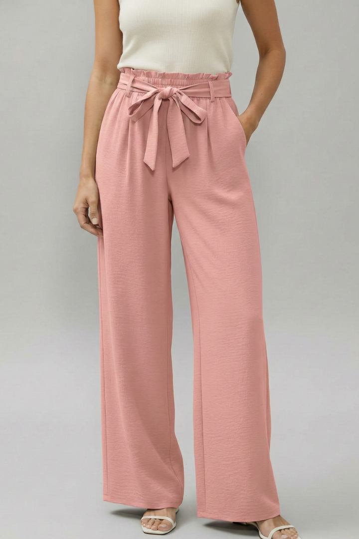 Women’s Palazzo Trousers with Elastic Waist and Tie Belt