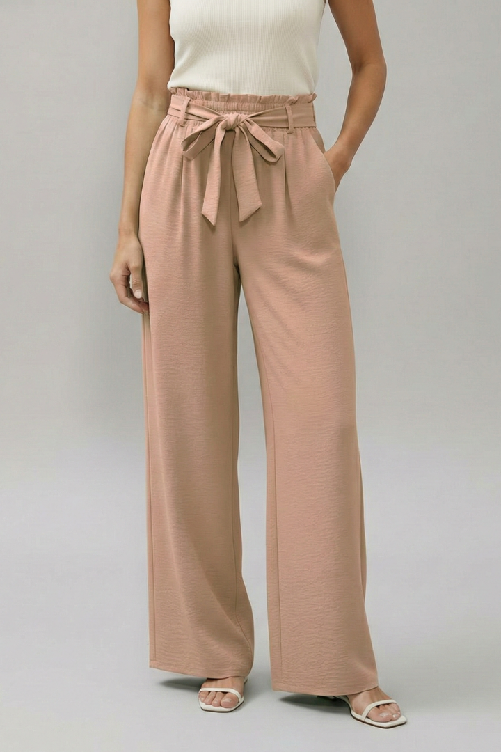 Women’s Palazzo Trousers with Elastic Waist and Tie Belt
